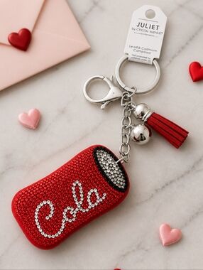 New! Red Cola Puff Keychain with Tassel And Silver Tone Hardware